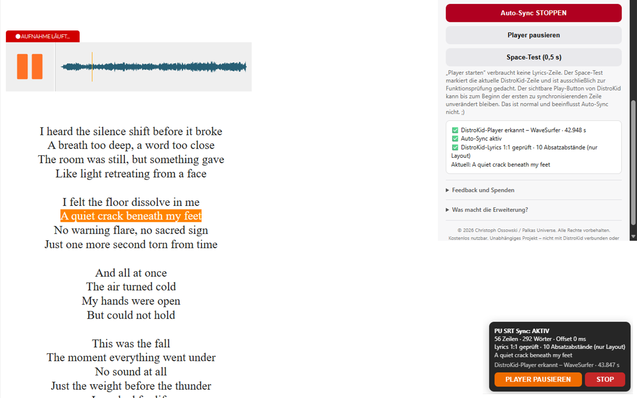 SRT Sync bei der Arbeit im DistroKid Synced Lyrics Editor